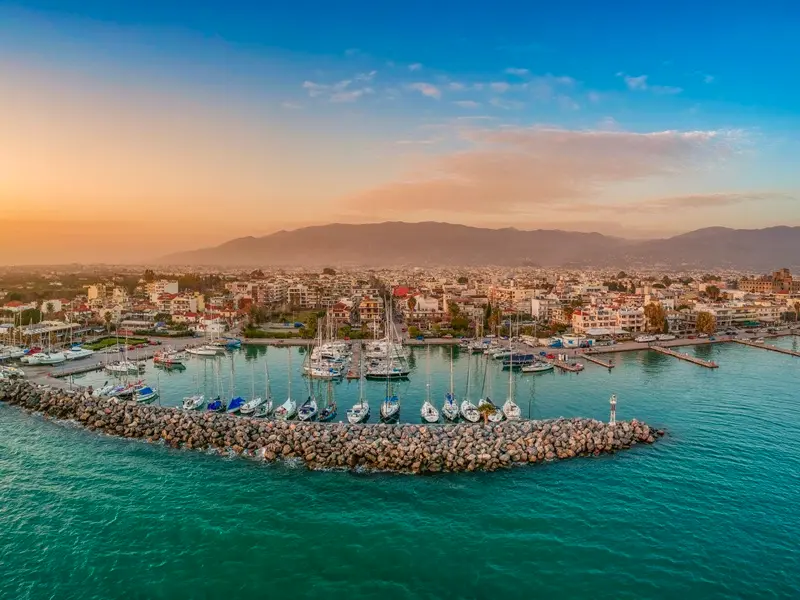 Kalamata marina at sunset with the Taygetos mountains