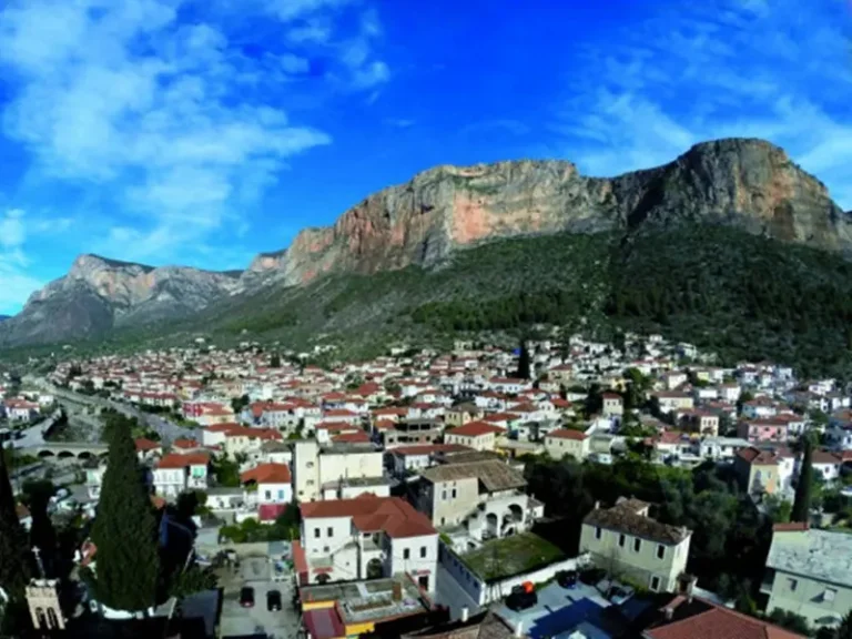 Panoramic view of Leonidio town below the red rocks of Parnon