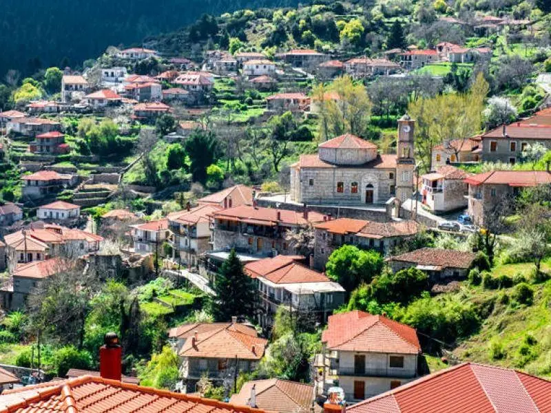 Lagkadia village with its large stone church and red-tiled roofs, Arcadia