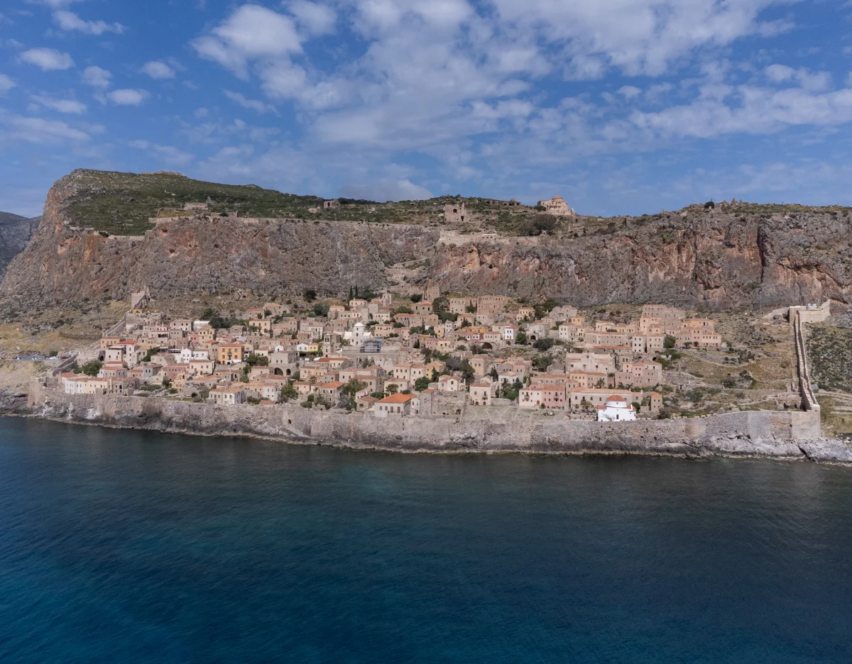 Aerial view of Monemvasia castle rock, Athens transfer route