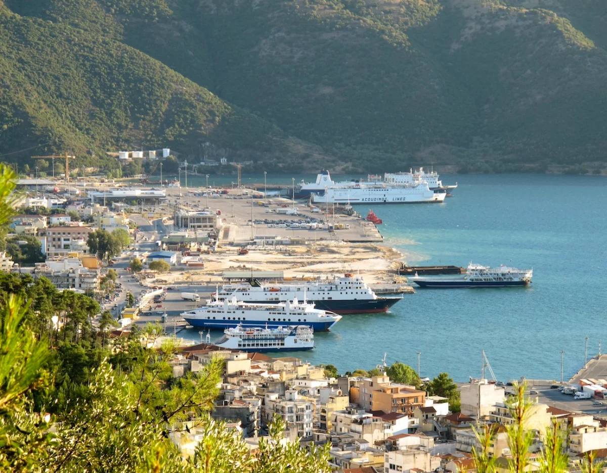Igoumenitsa port with ferries and hillside town