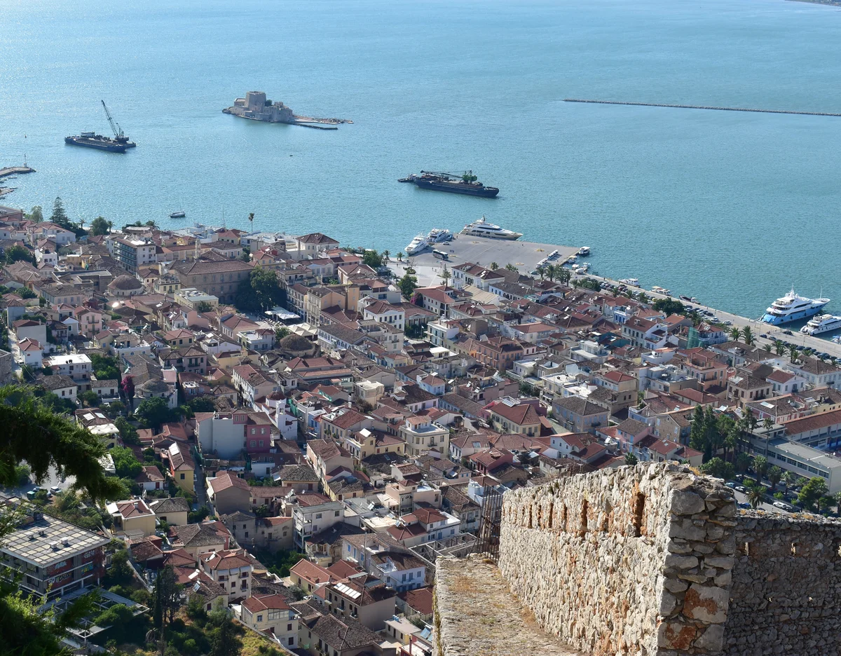 Bourtzi fortress view of Nafplio from Palamidi
