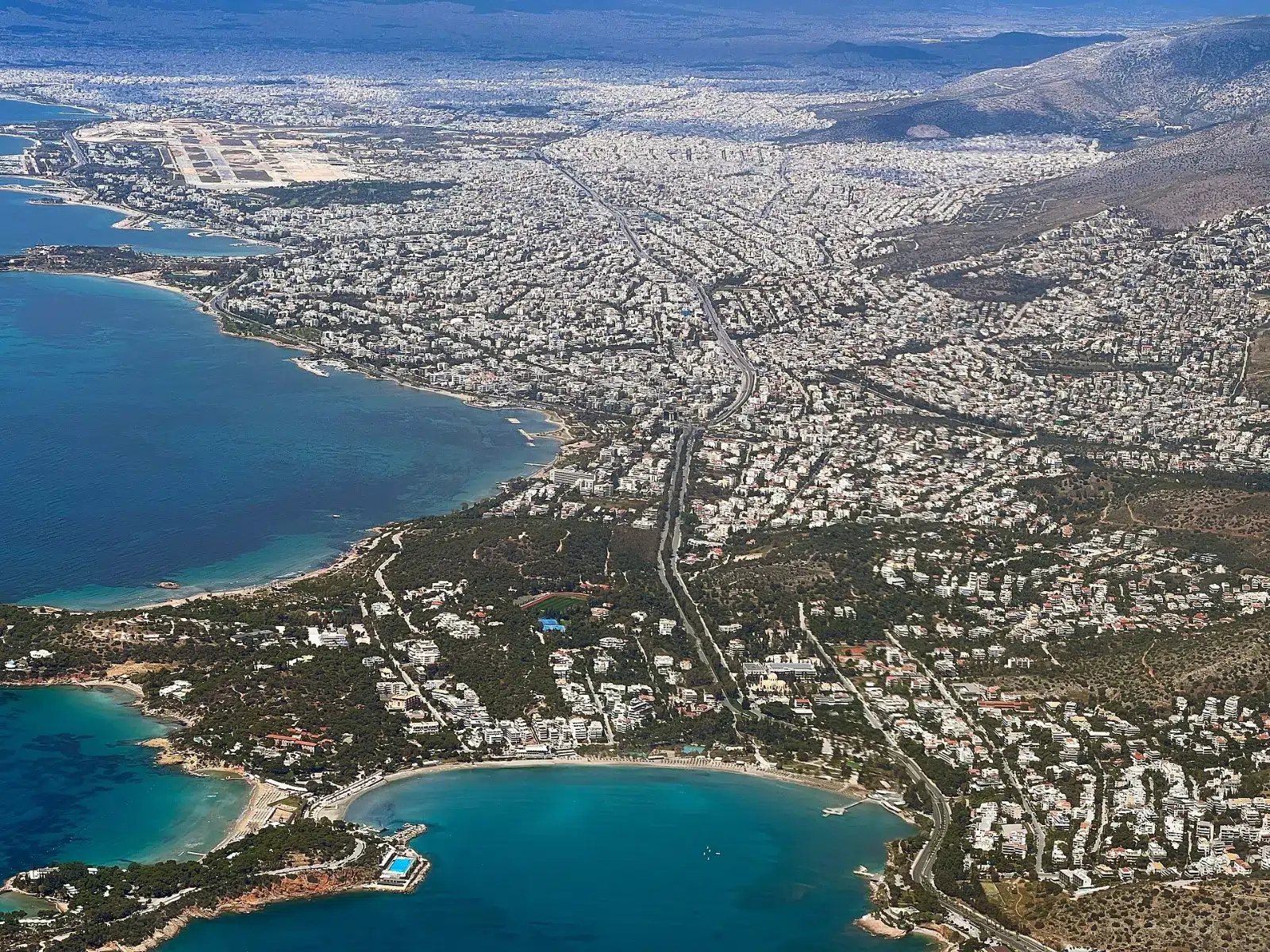 Vouliagmeni and its bays seen from the air, Athens Riviera